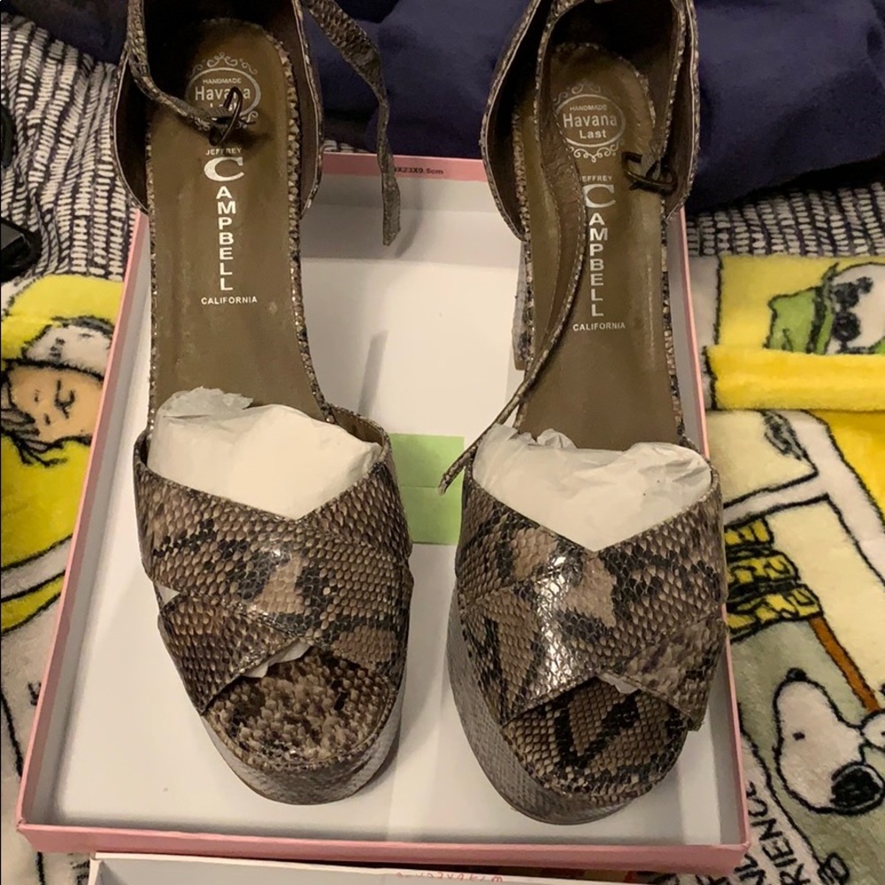 Jeffrey Campbell beige brown snake heels